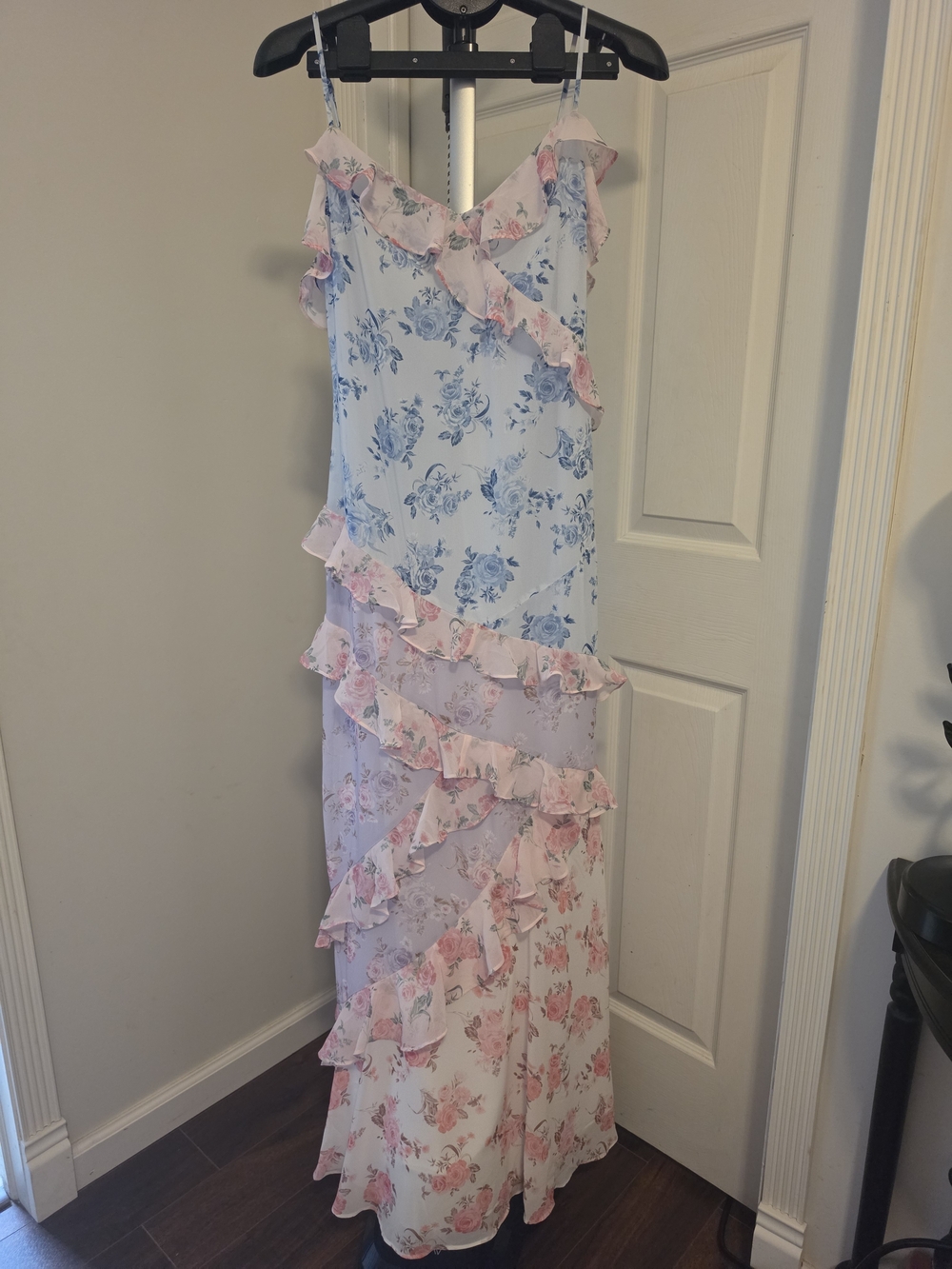 Altar'd State Mirelda Pink & Blue Floral Ruffle Tiered Maxi Dress - Picture 4 of 8
